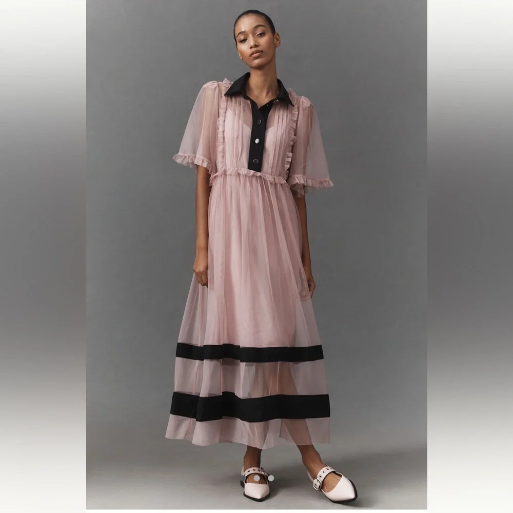 By Anthropologie Sheer Maxi Dress Color: Pink Size: M - Picture 1 of 6
